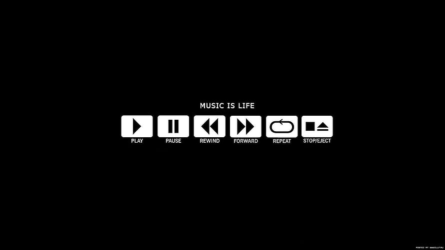 Minimalist Music Player Interface with Play Pause and Rewind Controls on Black Background HD wallpaper