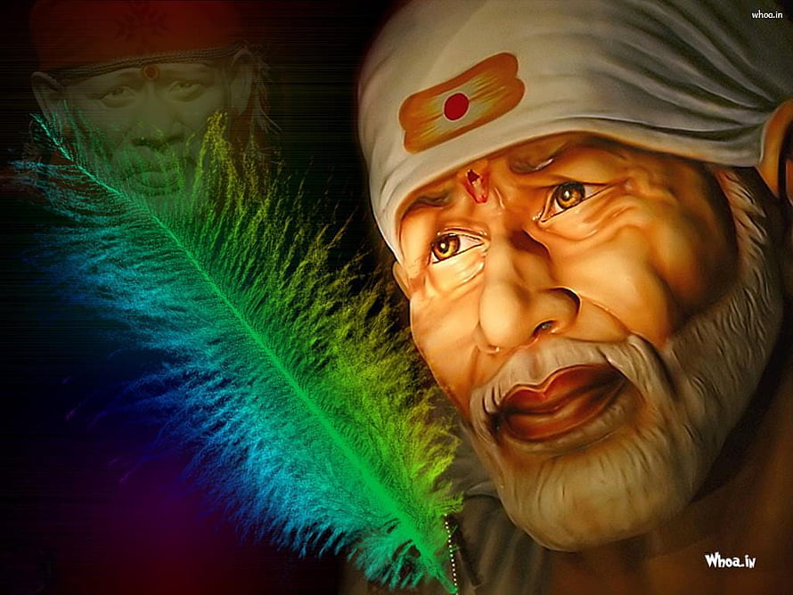 Portrait of Guru Nanak Dev Ji with a vibrant blue and green peacock feather HD wallpaper