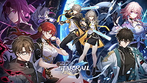 Honkai Star Rail Ensemble Cast Artwork with Space Station and Planet Backdrop HD wallpaper
