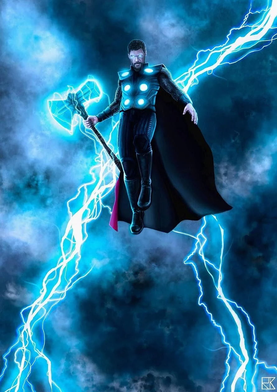 Thor Wielding Stormbreaker Amidst Blue Lightning and Stormy Clouds HD phone wallpaper