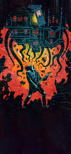 Guitarist Playing Under Burning House With Glitch Art Style HD phone wallpaper
