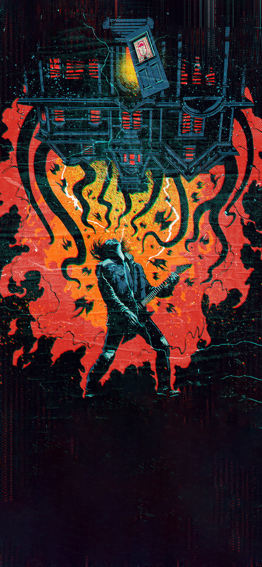 Guitarist Playing Under Burning House With Glitch Art Style HD phone wallpaper