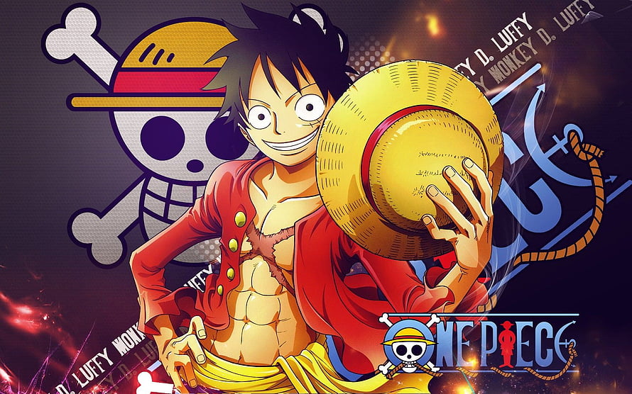 Monkey D. Luffy Holding Straw Hat with One Piece Jolly Roger and Logo HD wallpaper