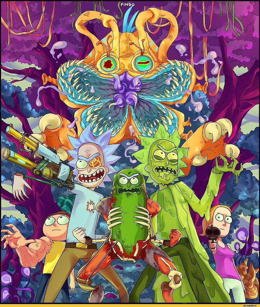 Rick and Morty Characters Confronting Alien Monster in Vibrant Purple Forest HD phone wallpaper
