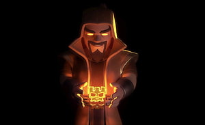 Wizard of Coc Holding Glowing Skull Emblem in Dark Fantasy Setting HD wallpaper