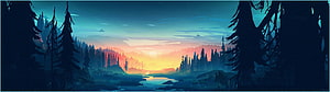 Stylized Digital Art of a Serene Forest River at Sunset with Silhouetted Pine Trees HD wallpaper