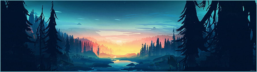 Stylized Digital Art of a Serene Forest River at Sunset with Silhouetted Pine Trees HD wallpaper