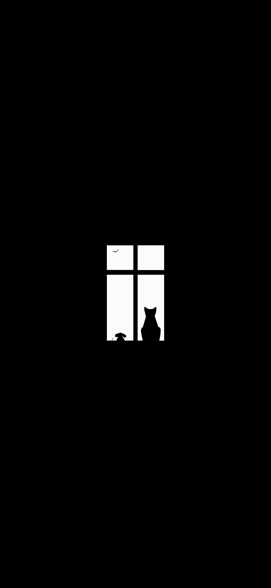 Minimalist Silhouette of Cat and Dog Looking Out Window HD phone wallpaper