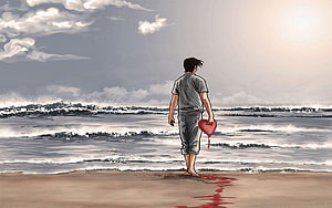 Lonely Boy Holding a Bleeding Heart on a Misty Beach HD wallpaper