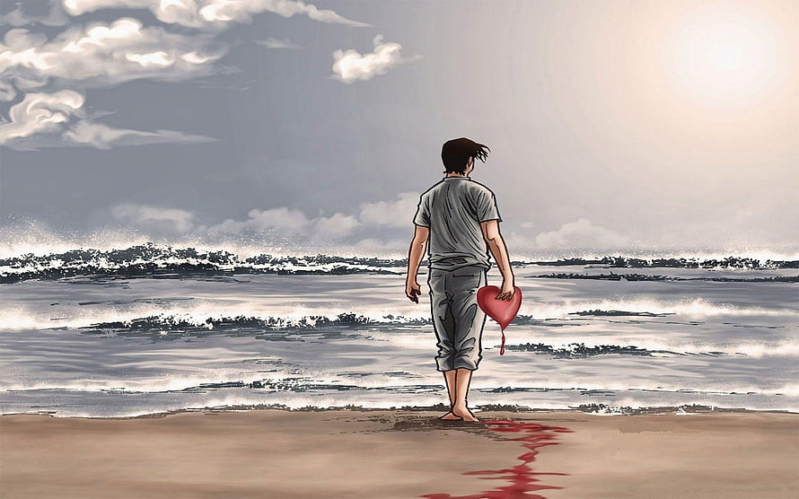 Lonely Boy Holding a Bleeding Heart on a Misty Beach HD wallpaper