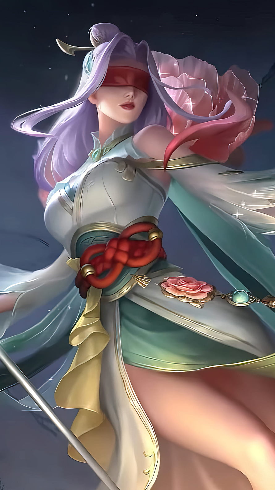Pharsa from Mobile Legends in Elegant White and Teal Attire with Red Blindfold and Rose HD phone wallpaper