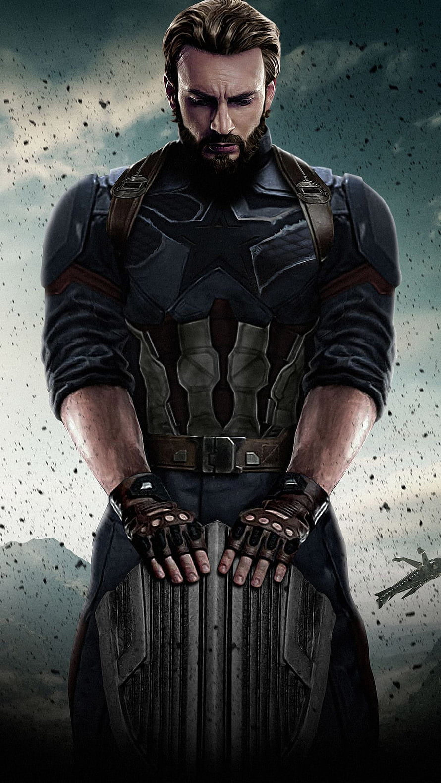 Bearded Captain America in Dark Tactical Armor Holding Shield HD phone wallpaper