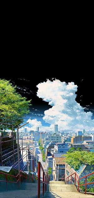 Kimi no Na Wa Anime Style Cityscape with Dramatic Clouds and Staircase View HD phone wallpaper