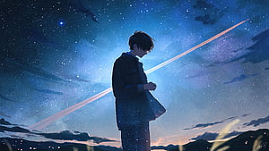 Anime Boy Standing Under Starry Night Sky With Shooting Star HD wallpaper