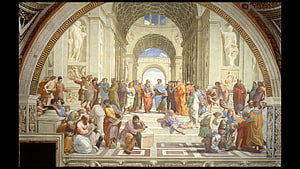 Raphael's The School of Athens fresco depicting classical philosophers in a grand Renaissance architectural setting HD wallpaper