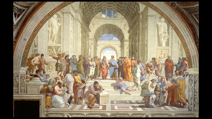 Raphael's The School of Athens fresco depicting classical philosophers in a grand Renaissance architectural setting HD wallpaper