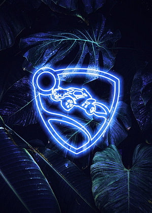 Neon Blue Rocket League Octane Car Emblem Glowing on Tropical Monstera Leaves HD phone wallpaper