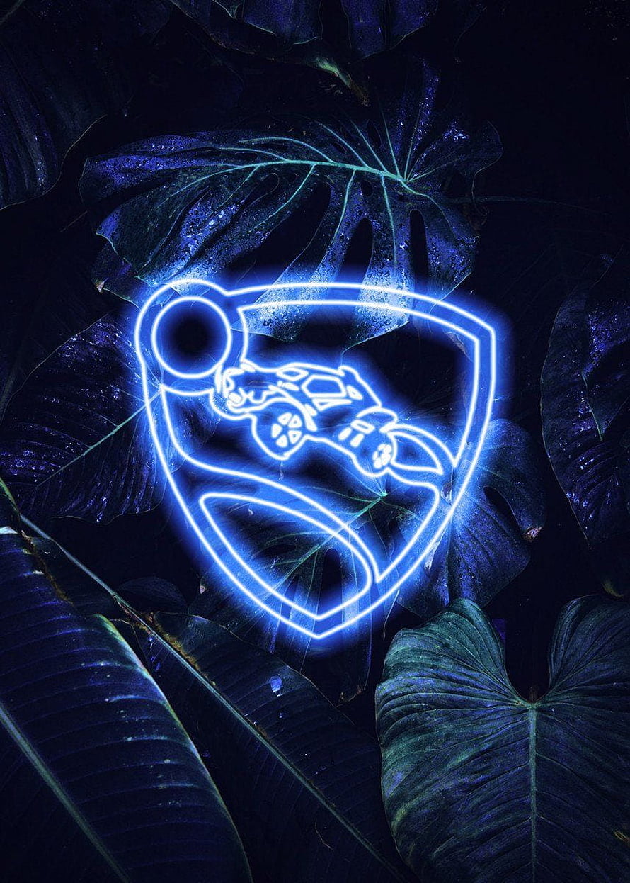 Neon Blue Rocket League Octane Car Emblem Glowing on Tropical Monstera Leaves HD phone wallpaper
