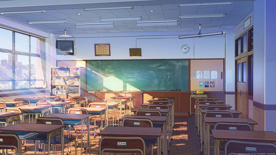 Sunlit Anime Classroom Interior With Rows of Desks and Green Chalkboard HD wallpaper