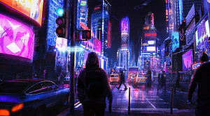 Cyberpunk City Street at Night with Neon Signs and Rain HD wallpaper