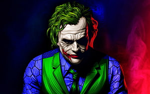 Joker Digital Illustration in Green Suit and Blue Patterned Shirt with Dramatic Lighting HD wallpaper