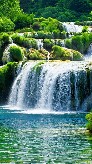 Lush Tiered Waterfall Cascading Into Turquoise Pool Surrounded By Vibrant Green Forest HD phone wallpaper