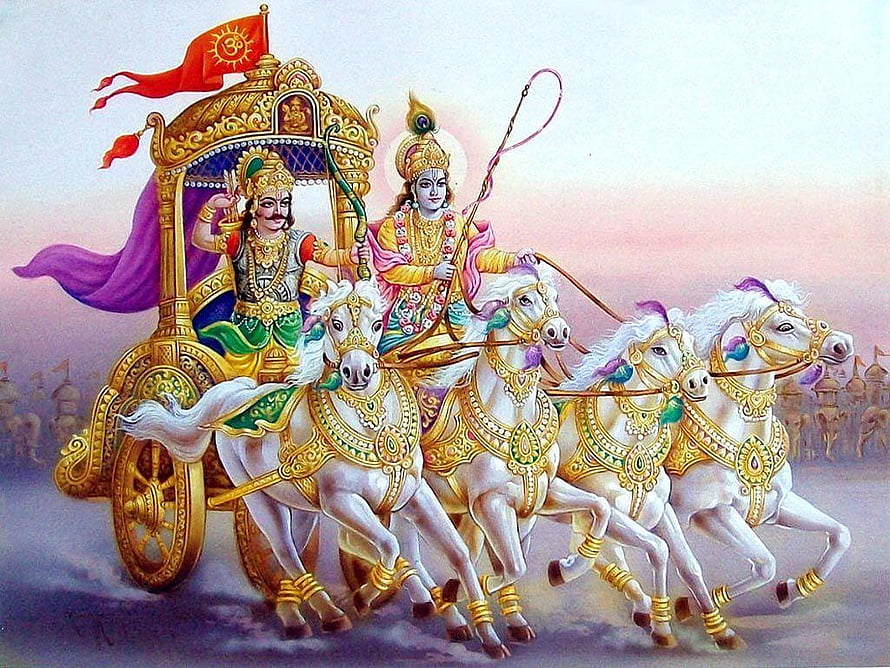 Krishna and Arjuna on a Golden Chariot with White Horses in the Mahabharata HD wallpaper