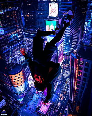 Miles Morales Swinging Over Times Square at Night in Vibrant Digital Art HD phone wallpaper