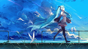 Hatsune Miku Running Along a Coastal Rail with White Birds and a Dramatic Blue Sky HD wallpaper