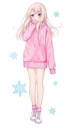 Anime Girl in Pink Hoodie with Snowflakes HD phone wallpaper