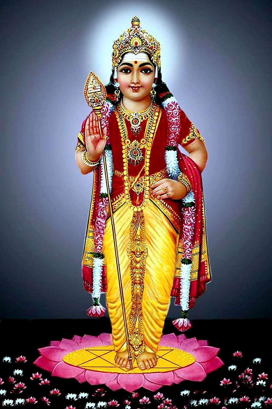 Lord Ayyappa standing on a lotus with a bow and arrow, adorned in traditional red and yellow attire with intricate jewelry HD phone wallpaper