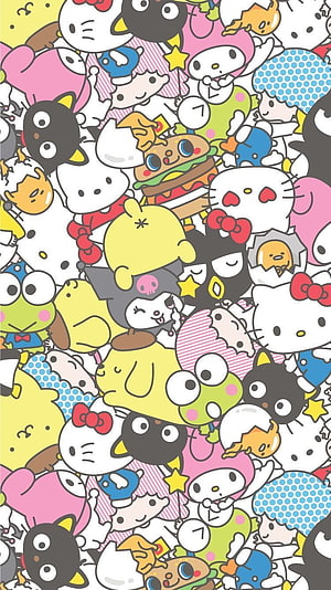 Sanrio Characters Pattern Wallpaper Featuring Hello Kitty, My Melody, Kuromi, Pompompurin, and Badtz-Maru HD phone wallpaper