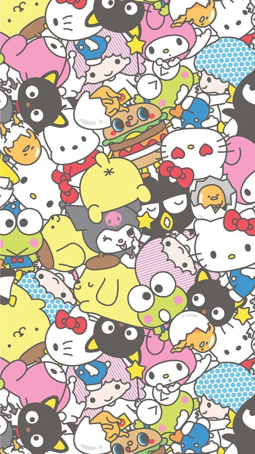 Sanrio Characters Pattern Wallpaper Featuring Hello Kitty, My Melody, Kuromi, Pompompurin, and Badtz-Maru HD phone wallpaper