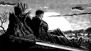 Berserk Manga Panel of Guts Reclining in a Desolate Landscape HD wallpaper
