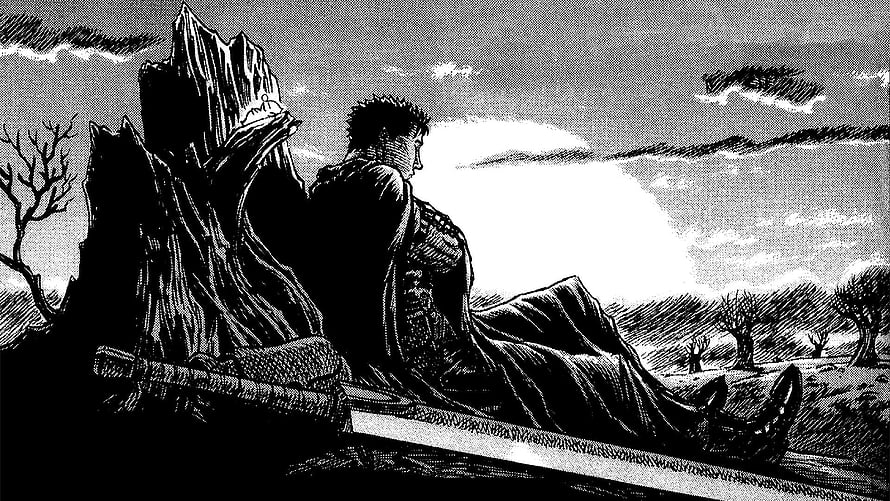 Berserk Manga Panel of Guts Reclining in a Desolate Landscape HD wallpaper
