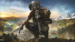 PUBG Mobile soldier overlooking valley at sunset with mountains and paratroopers HD wallpaper