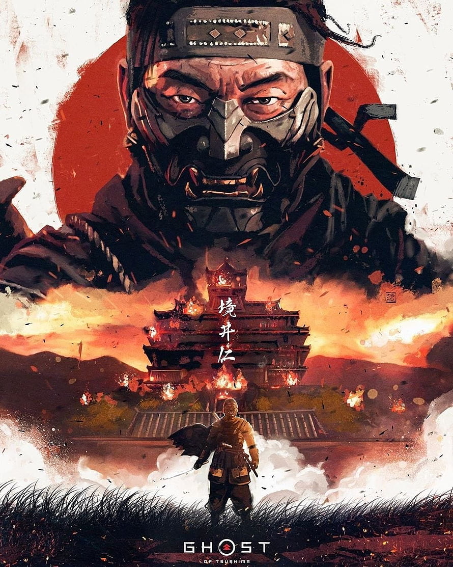 Ghost of Tsushima digital art featuring a masked samurai and a burning Japanese castle at sunset HD phone wallpaper