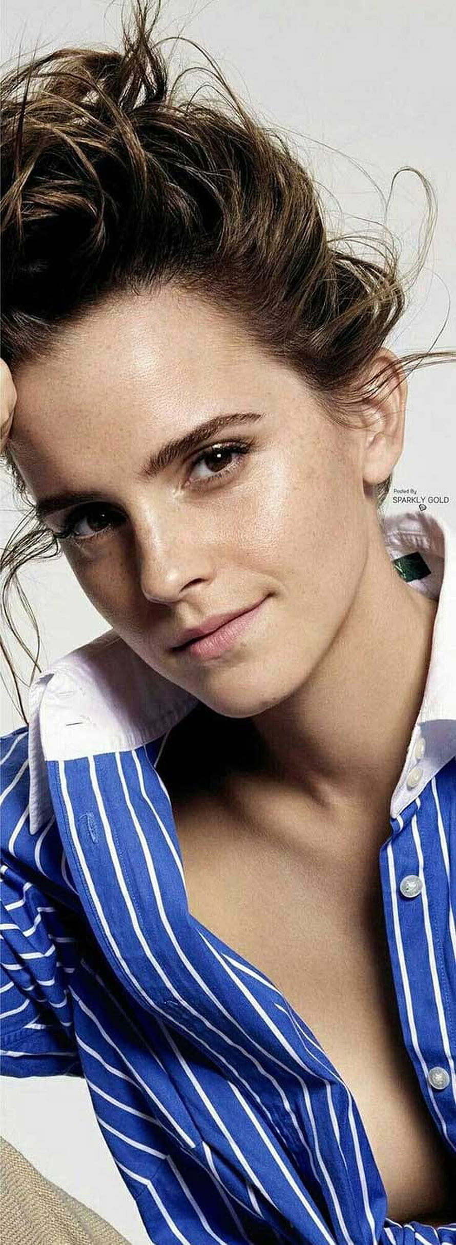 Emma Watson in a Blue Striped Shirt with Messy Updo Hair HD phone wallpaper