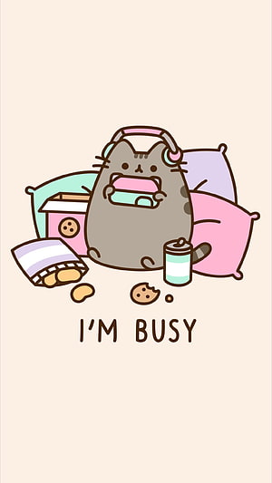 Pusheen Cat Eating Snacks and Cookies with Headphones Wallpaper HD phone wallpaper