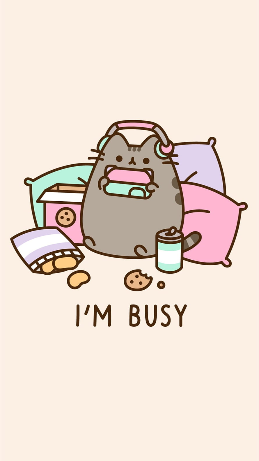 Pusheen Cat Eating Snacks and Cookies with Headphones Wallpaper HD phone wallpaper