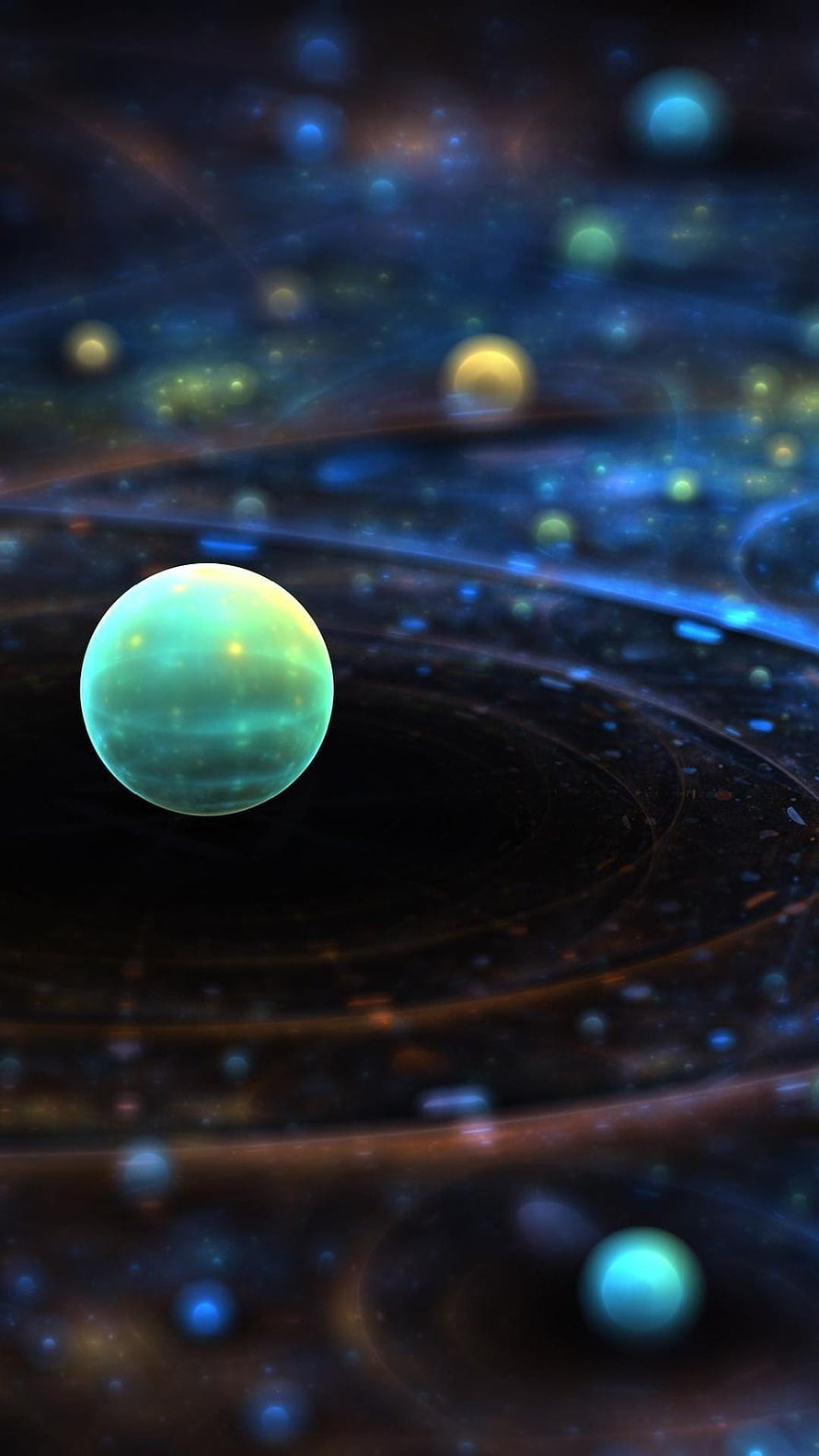 Glowing Green Planet Floating in a Dark Cosmic Nebula with Swirling Orbits HD phone wallpaper