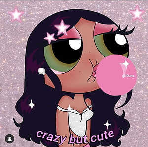 Cute cartoon girl with big green eyes blowing pink bubblegum against a sparkly purple background HD wallpaper