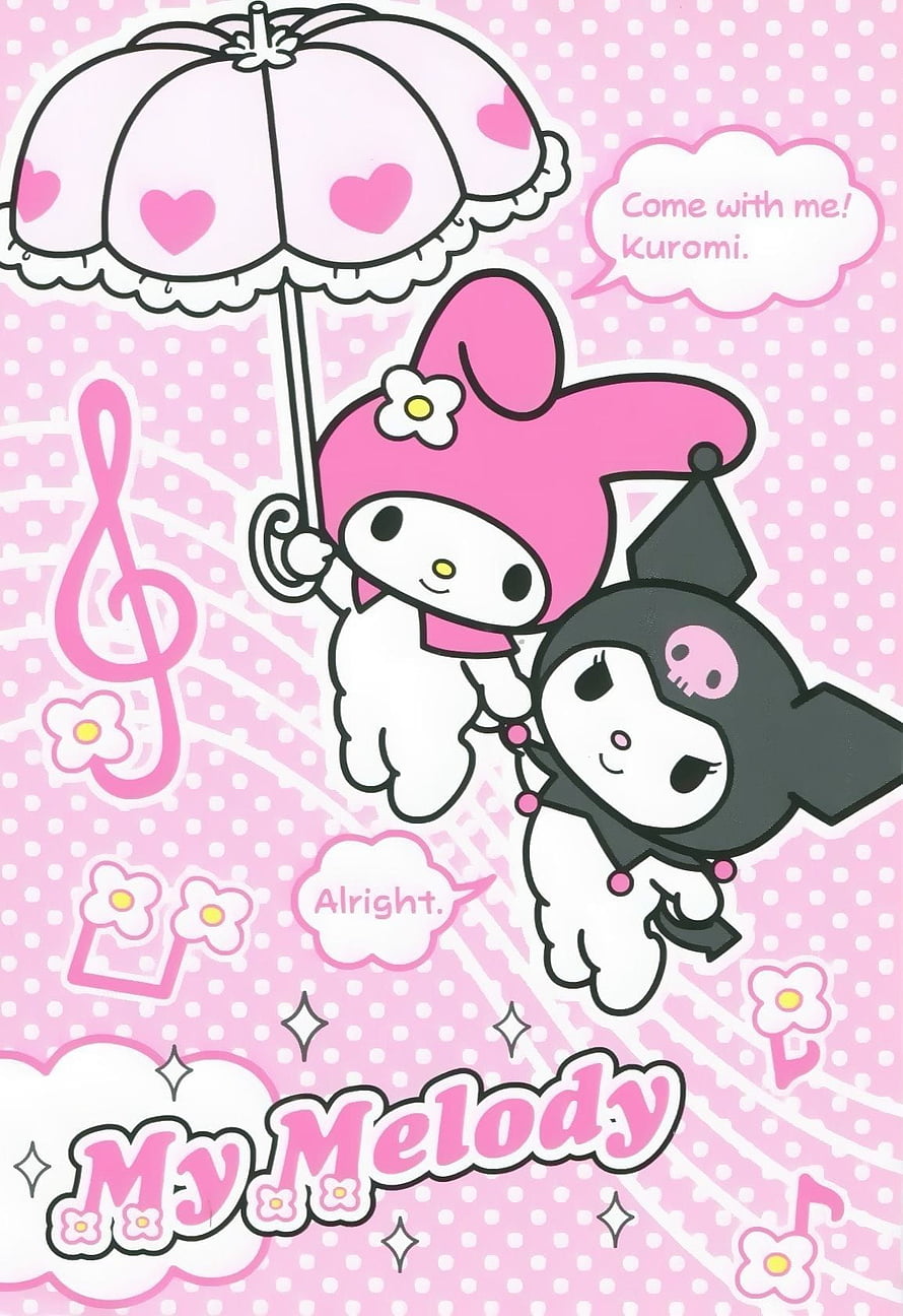 Sanrio My Melody and Kuromi Sharing a Pink Heart Umbrella on a Polka Dot Background HD phone wallpaper
