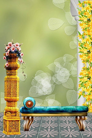 Elegant Wedding Studio Backdrop with Golden Pillar, Turquoise Bench, and Floral Accents HD phone wallpaper