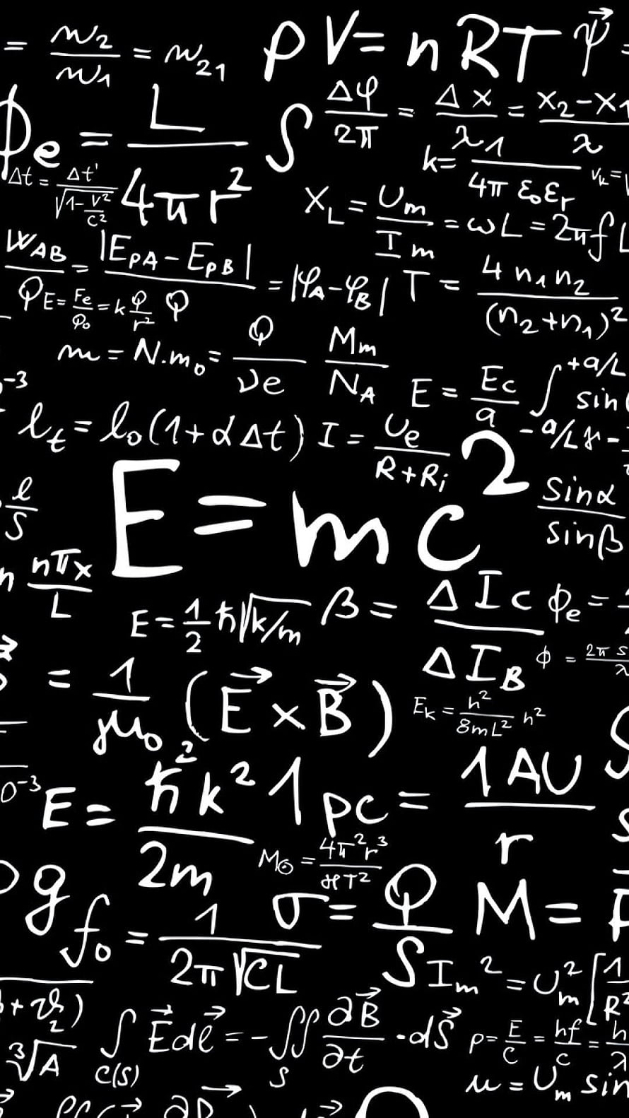 Handwritten Physics and Mathematics Equations on Black Background HD phone wallpaper