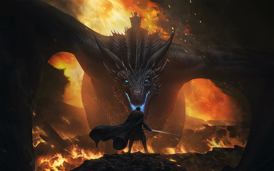 Game of Thrones: Knight Confronting Dragon Amidst Fire and Ruins HD wallpaper