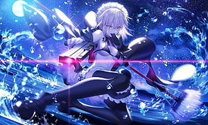 Anime Maid Character Wielding Mop and Gun in Dynamic Water Splash Scene HD wallpaper
