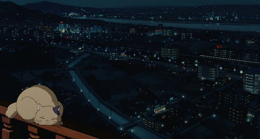 Whisper of the Heart: Sleeping Cat Overlooking a Glowing City at Night HD wallpaper