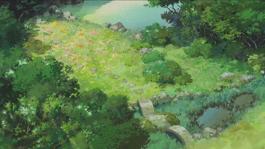 Lush Green Anime Landscape with Wildflowers and Stone Bridge HD wallpaper