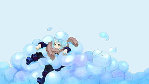 Rimuru Tempest Anime Character Reclining on a Cloud of Glowing Blue Bubbles HD wallpaper